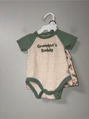 Baby Essentials Green Beige Grandpa’s Buddy Tractors Shorts Outfit & Hat Boys 6M